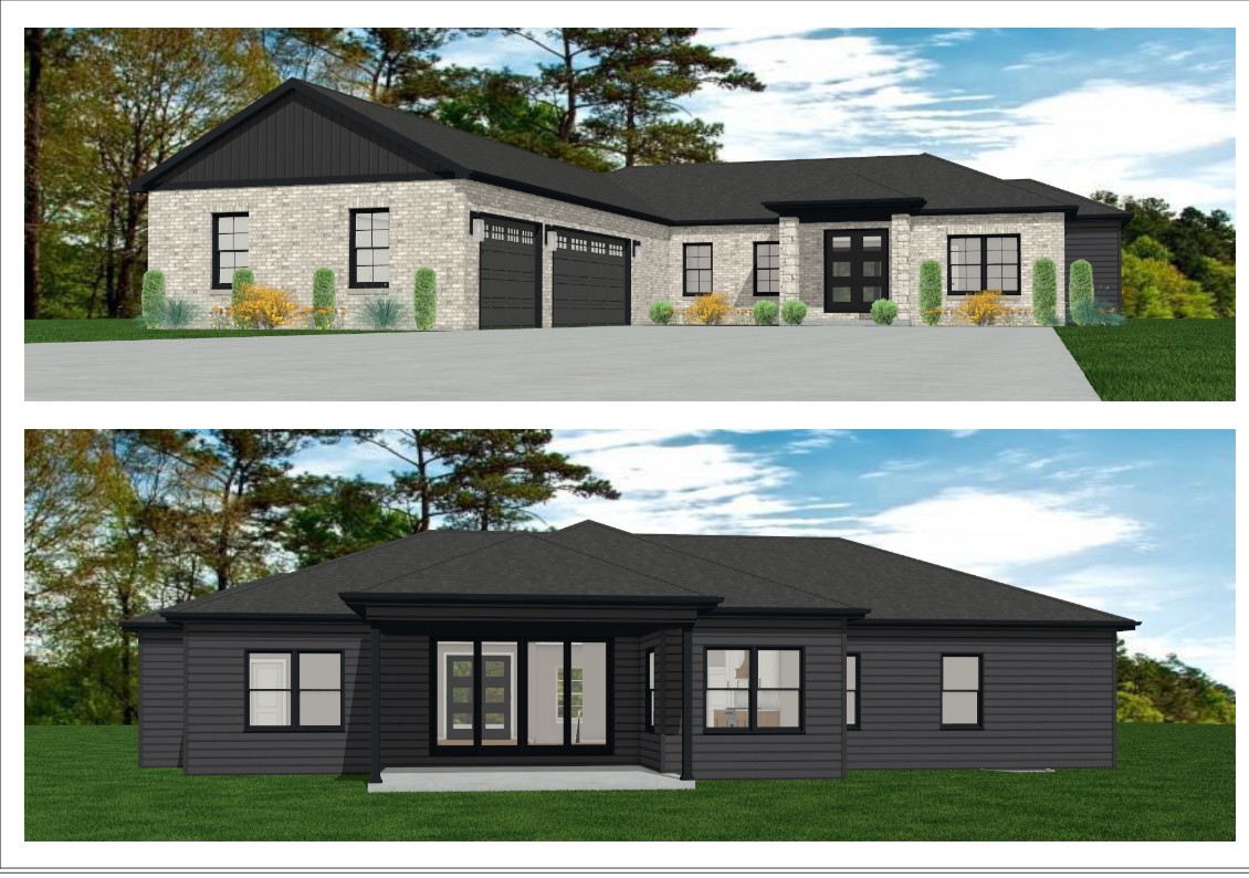 Legacy home designs featuring front and rear elevations with a gray brick exterior, dark charcoal gray siding, and a stone pillar entryway.